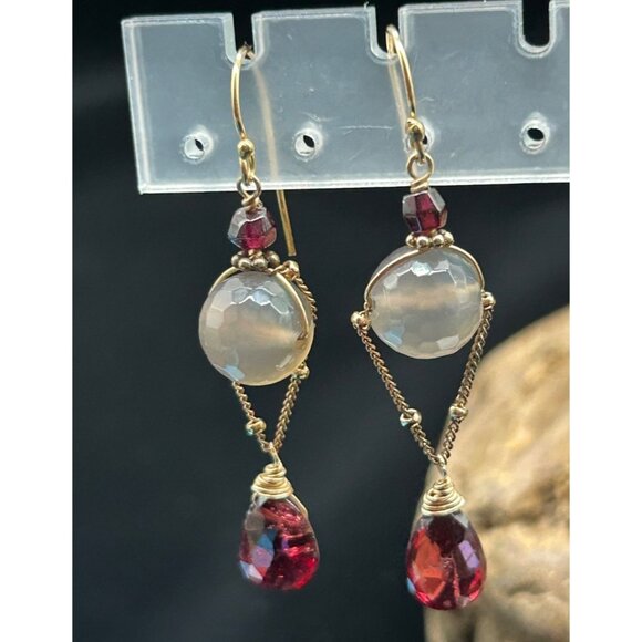 1/20 14K Smoke Quartz Garnet Dangle Earrings 1 3/4" - Picture 1 of 4